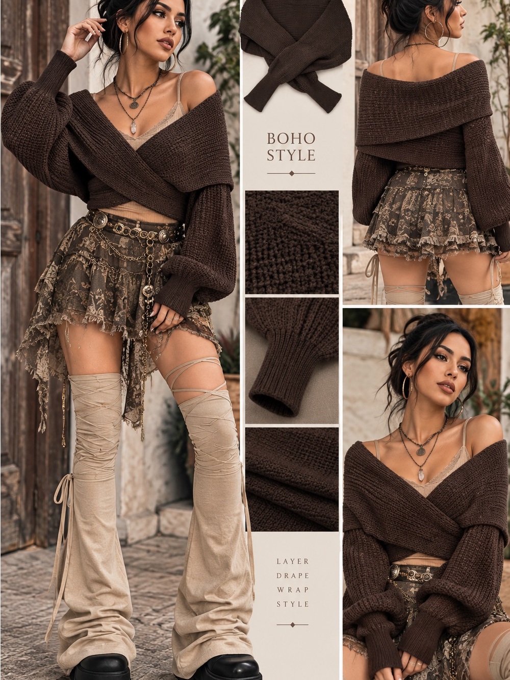 Off-Shoulder Wrap Crop Sweater in Chocolate Brown